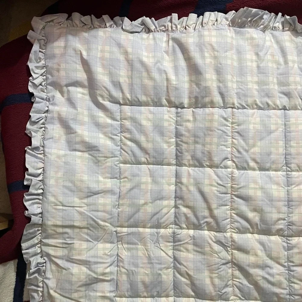 Laura Ashley Mother & Child Baby Nursery Blanket blue plaid quilted ruffle trim